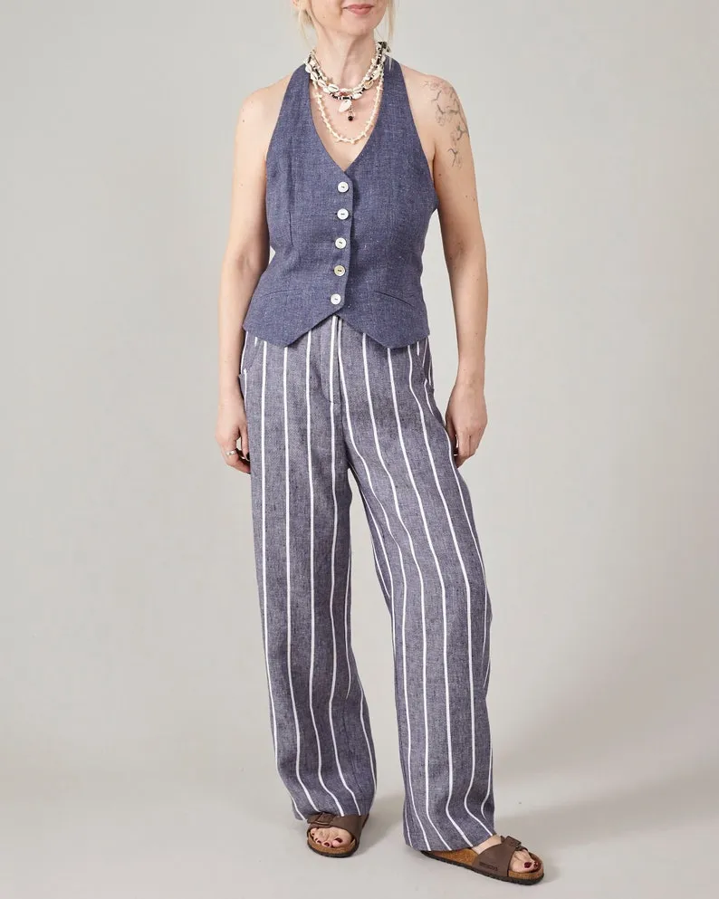 | Localized shipping Privacy-focused Linen | Mid-Waist | Leg Pants and Wide Capsule Summer | Solid Slacks for Wardrobe Trousers Resort Coastal Striped Fit Women Relaxed Custom