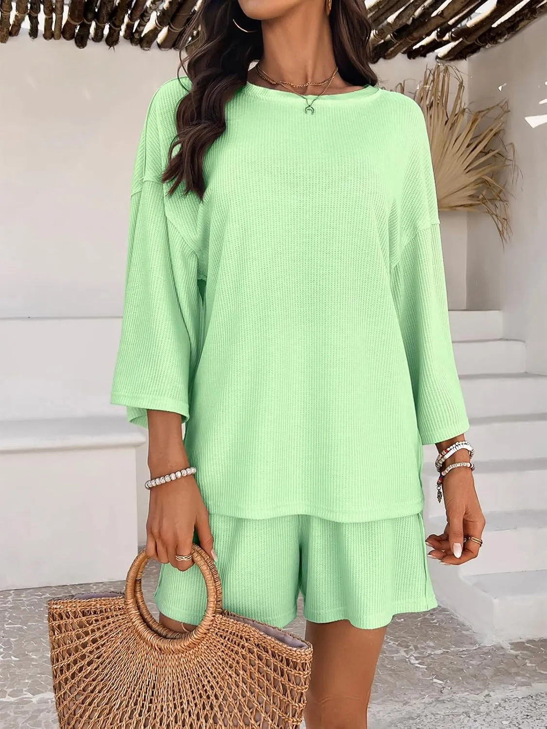 2 Piece Short Sets for Women Summer Outfits Crew Neck Waffle Knit 3/4 Sleeve Casual Tops and Shorts Pajama Sets