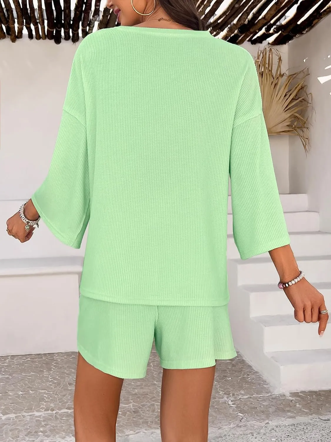 2 Piece Short Sets for Women Summer Outfits Crew Neck Waffle Knit 3/4 Sleeve Casual Tops and Shorts Pajama Sets
