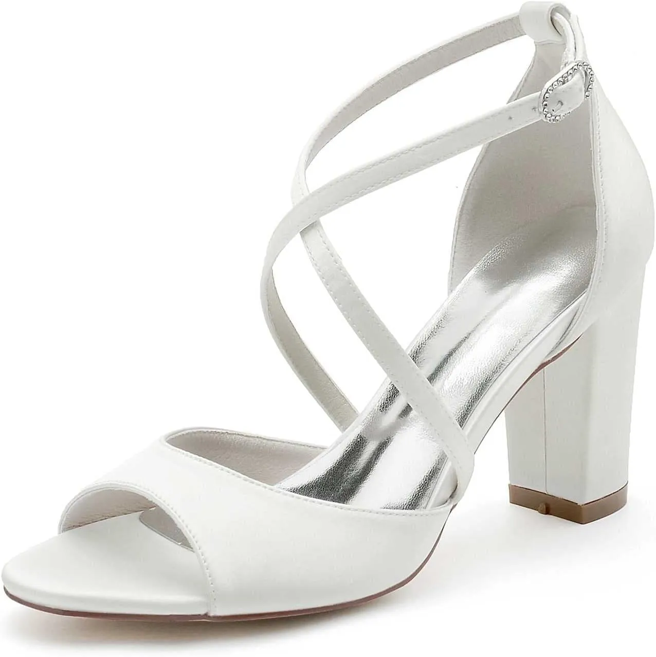 3.34 Inches White Womens Heeled Sandals Buckle Open Toe Satin Elegant Simple Wedding Party Bridal Shoes Block Heel Ankle Strap Sandals
