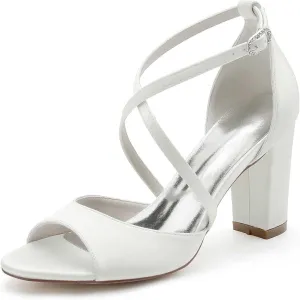 3.34 Inches White Womens Heeled Sandals Buckle Open Toe Satin Elegant Simple Wedding Party Bridal Shoes Block Heel Ankle Strap Sandals
