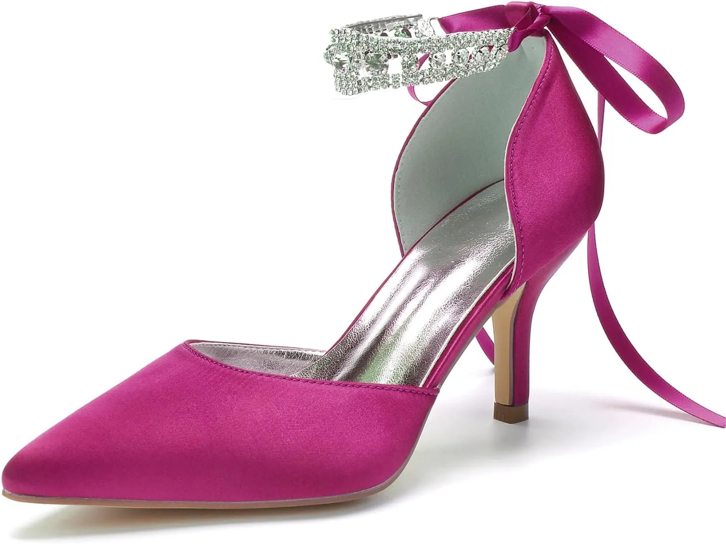 8CM Women's Bridal Stiletto Heel Wedding Crystal Ankle Strap Sandal Shoes Zipper Back Pumps Satin Pointed Toe Formal Party Prom Evening,Purple,8