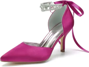8CM Women's Bridal Stiletto Heel Wedding Crystal Ankle Strap Sandal Shoes Zipper Back Pumps Satin Pointed Toe Formal Party Prom Evening,Purple,8
