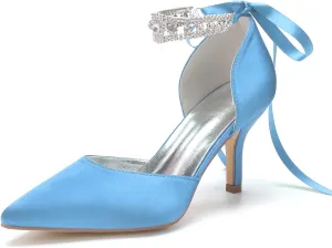 8CM Women's Bridal Stiletto Heel Wedding Crystal Ankle Strap Sandal Shoes Zipper Back Pumps Satin Pointed Toe Formal Party Prom Evening,Sky Blue,8