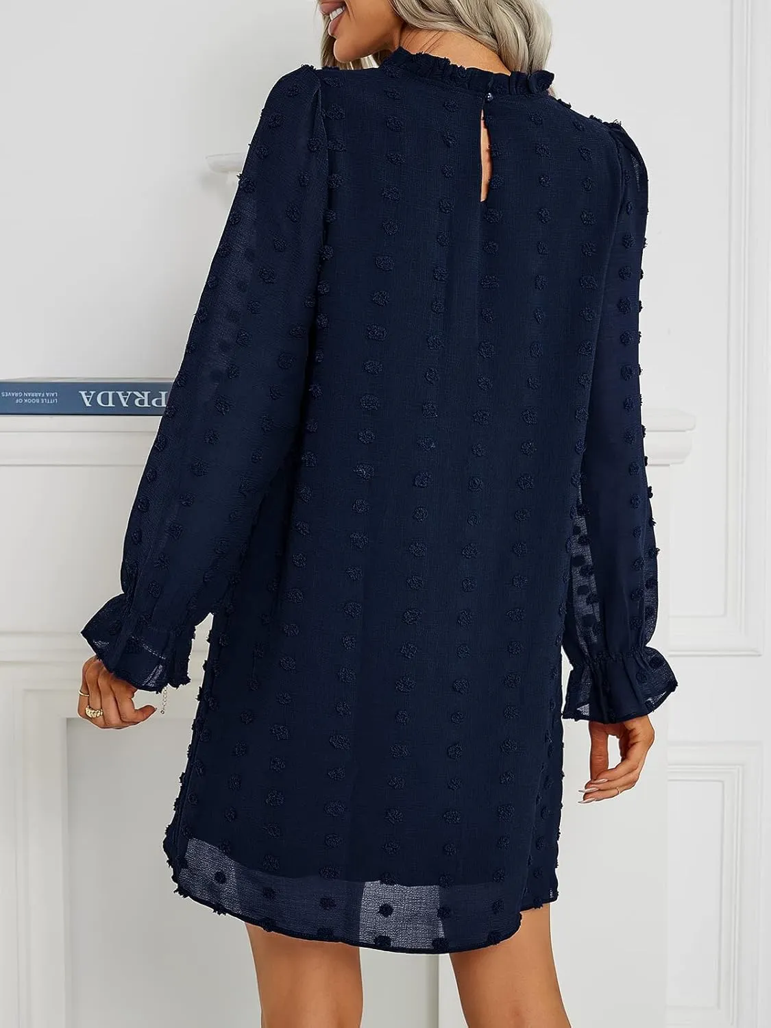 Adibosy Women Dress Long Sleeve: Flowy Wedding Guest Casual Mini Dresses for Womens Swiss Dot Chiffon Short Dress