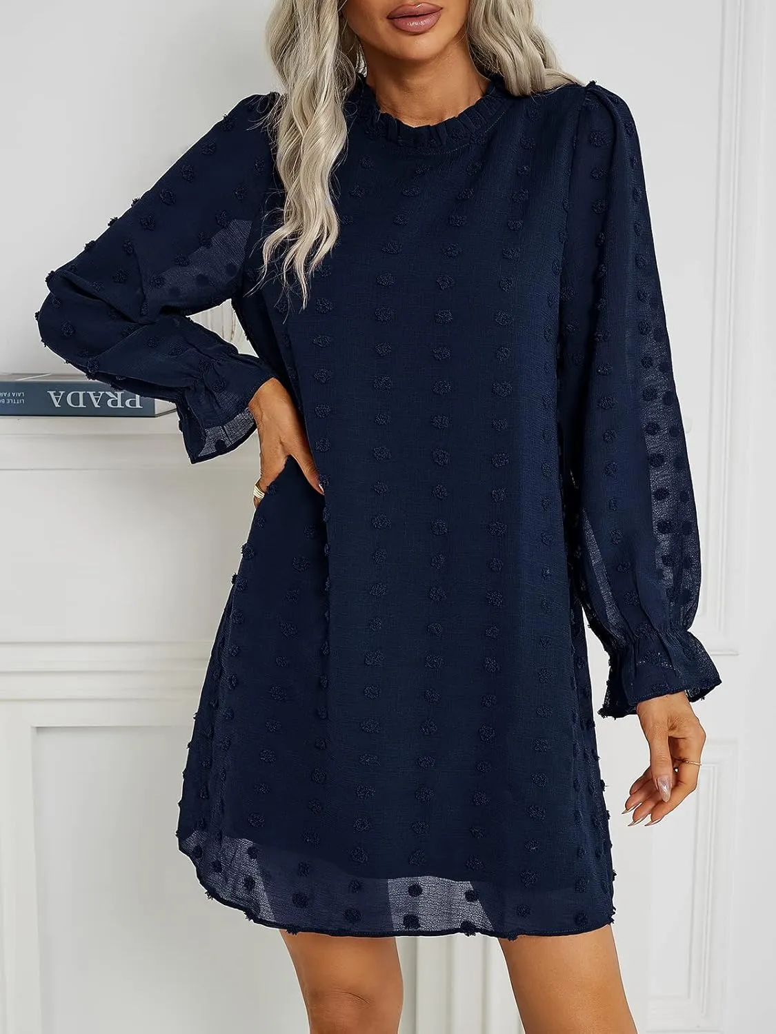 Adibosy Women Dress Long Sleeve: Flowy Wedding Guest Casual Mini Dresses for Womens Swiss Dot Chiffon Short Dress