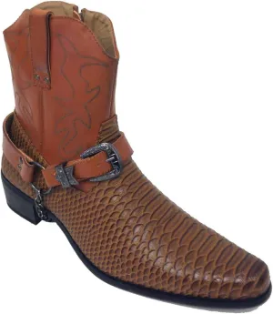 AF J-jap Men’s Cowboy Boots Western Snake Skin Print Alligator Crocodile Zippper Buckle Harness Chain Ankle Shoes (8 D(M) US, Brown)