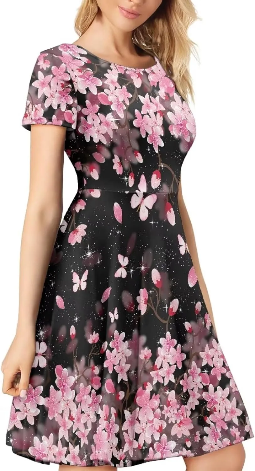 AFPANQZ Womens Casual Summer Lightweight Vintage Dress Short Sleeve Midi Dress Knee-Long Luxury Formal Dress