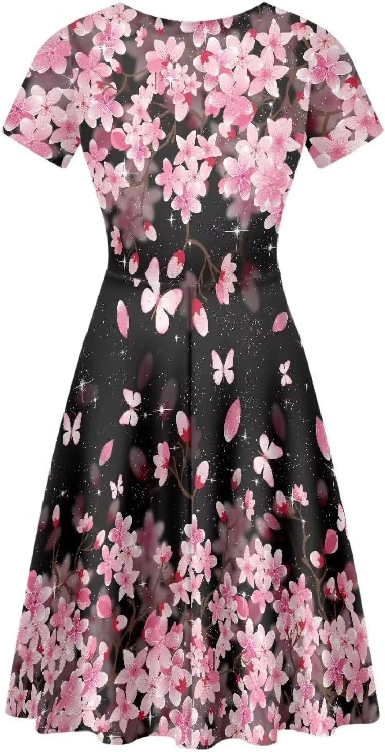 AFPANQZ Womens Casual Summer Lightweight Vintage Dress Short Sleeve Midi Dress Knee-Long Luxury Formal Dress