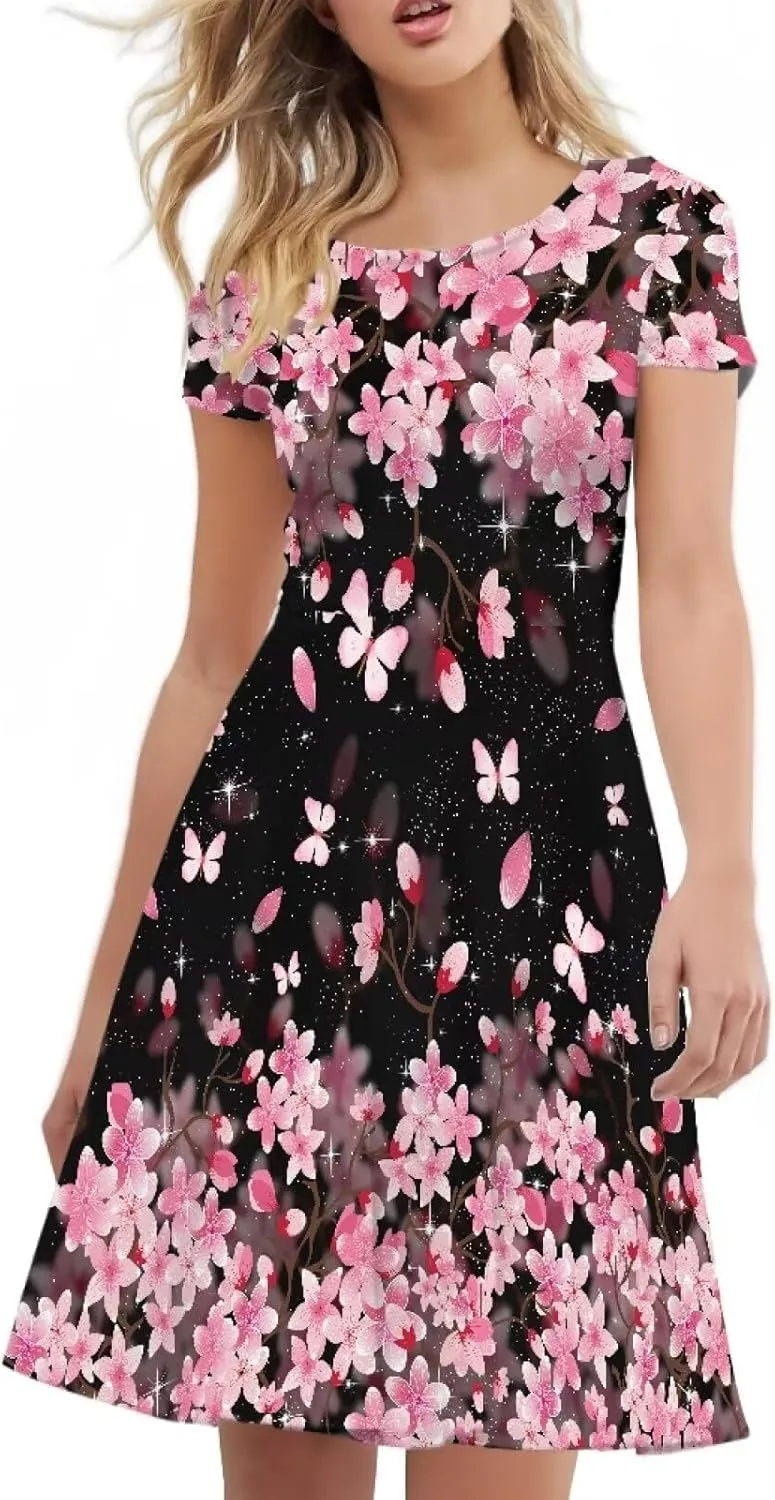 AFPANQZ Womens Casual Summer Lightweight Vintage Dress Short Sleeve Midi Dress Knee-Long Luxury Formal Dress