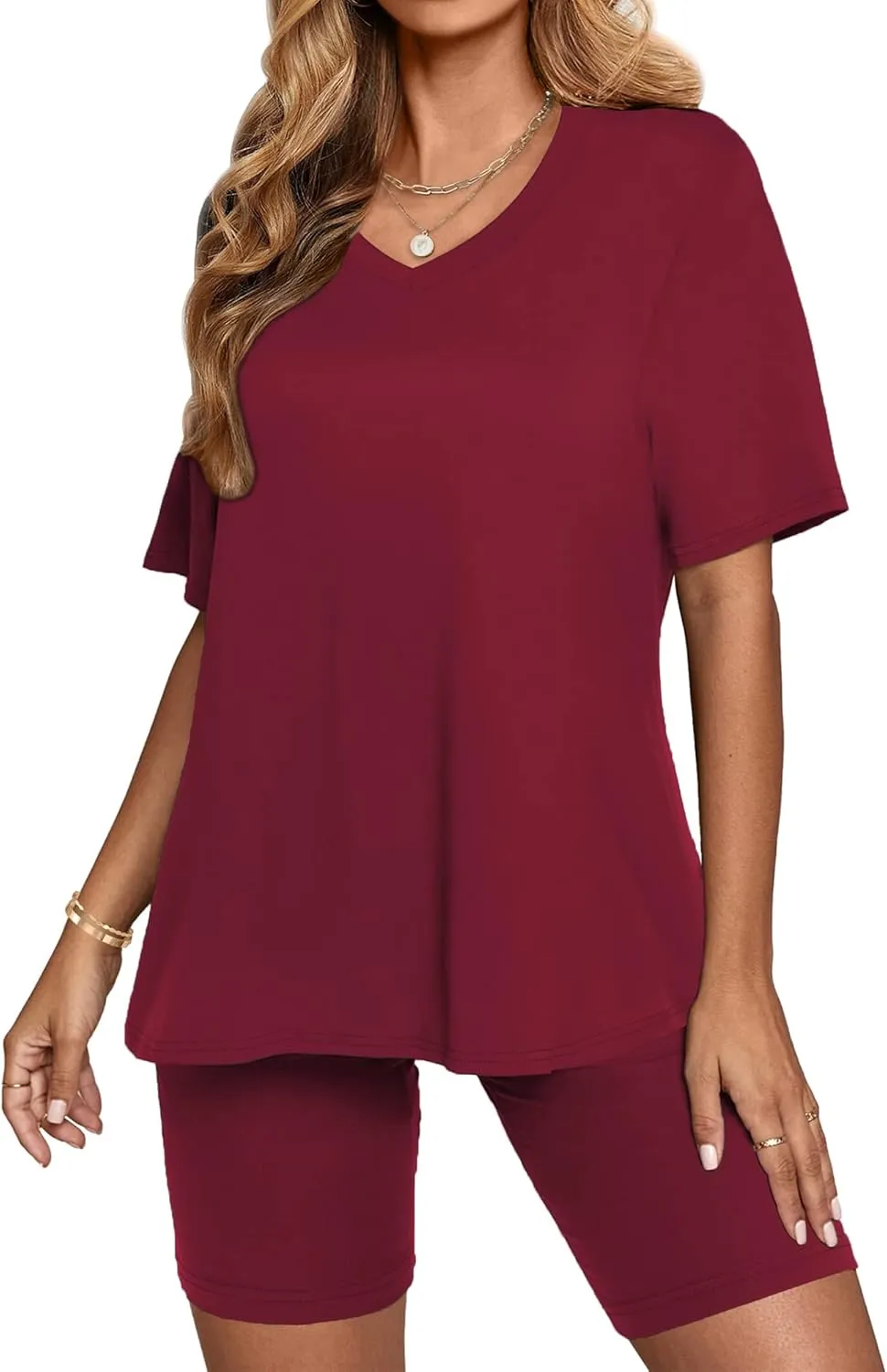 AGSEEM Two Piece Outfits For Women Summer V Neck T-Shirt Tops Biker Shorts Workout Sports Tracksuit