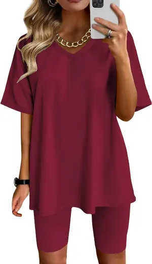 AGSEEM Two Piece Outfits For Women Summer V Neck T-Shirt Tops Biker Shorts Workout Sports Tracksuit