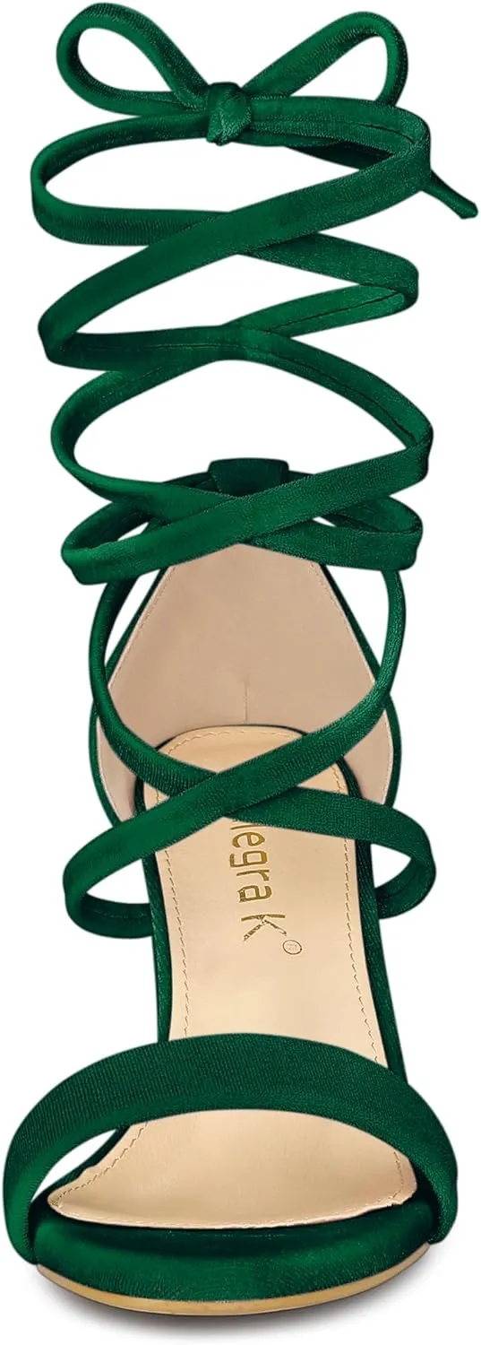 Allegra K Women's Faux Velvet Lace Up Chunky Heel Strappy Sandals