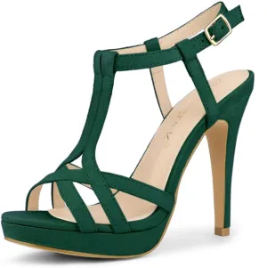 Allegra K Women's T Strap Slingback Platform Stiletto Emerald Green Heel Sandals 6 M US