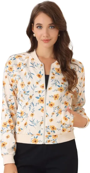 Allegra K Women's Winter Bomber Jacket Long Sleeve Stand Collar Zipper Floral Print Jacket with Pockets