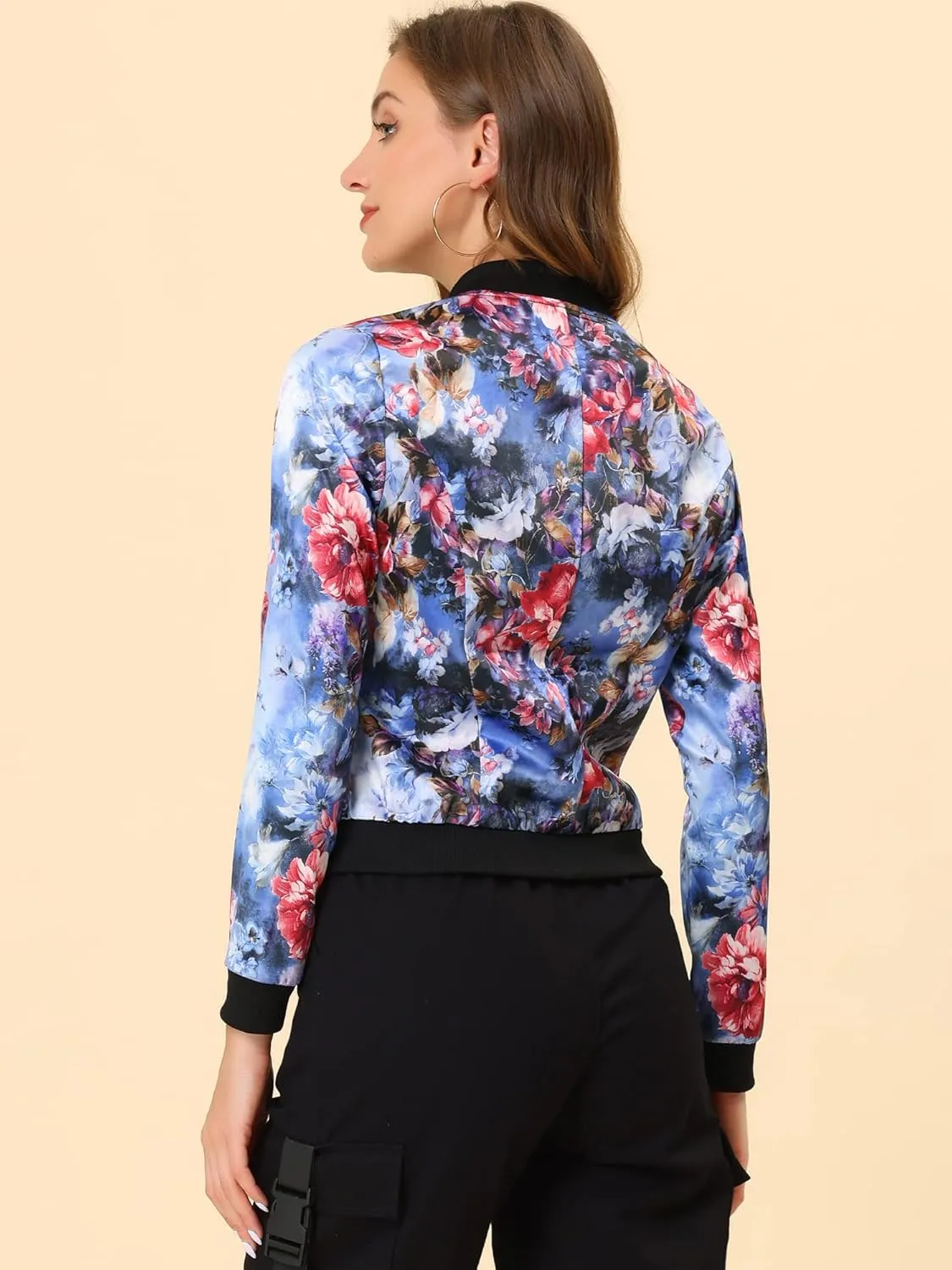 Allegra K Women's Winter Bomber Jacket Long Sleeve Stand Collar Zipper Floral Print Jacket with Pockets
