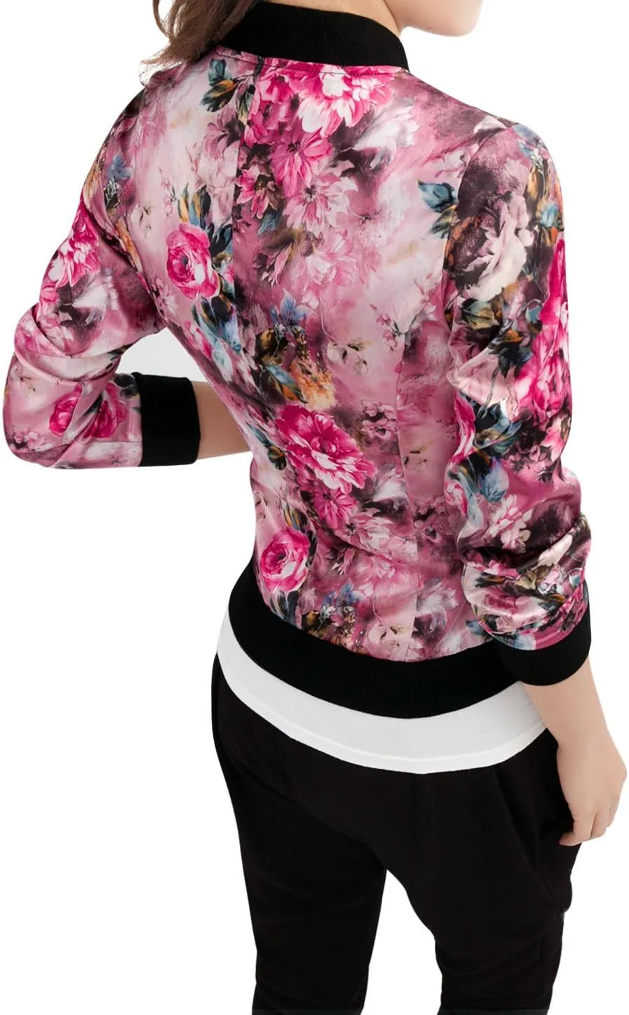 Allegra K Women's Winter Bomber Jacket Long Sleeve Stand Collar Zipper Floral Print Jacket with Pockets