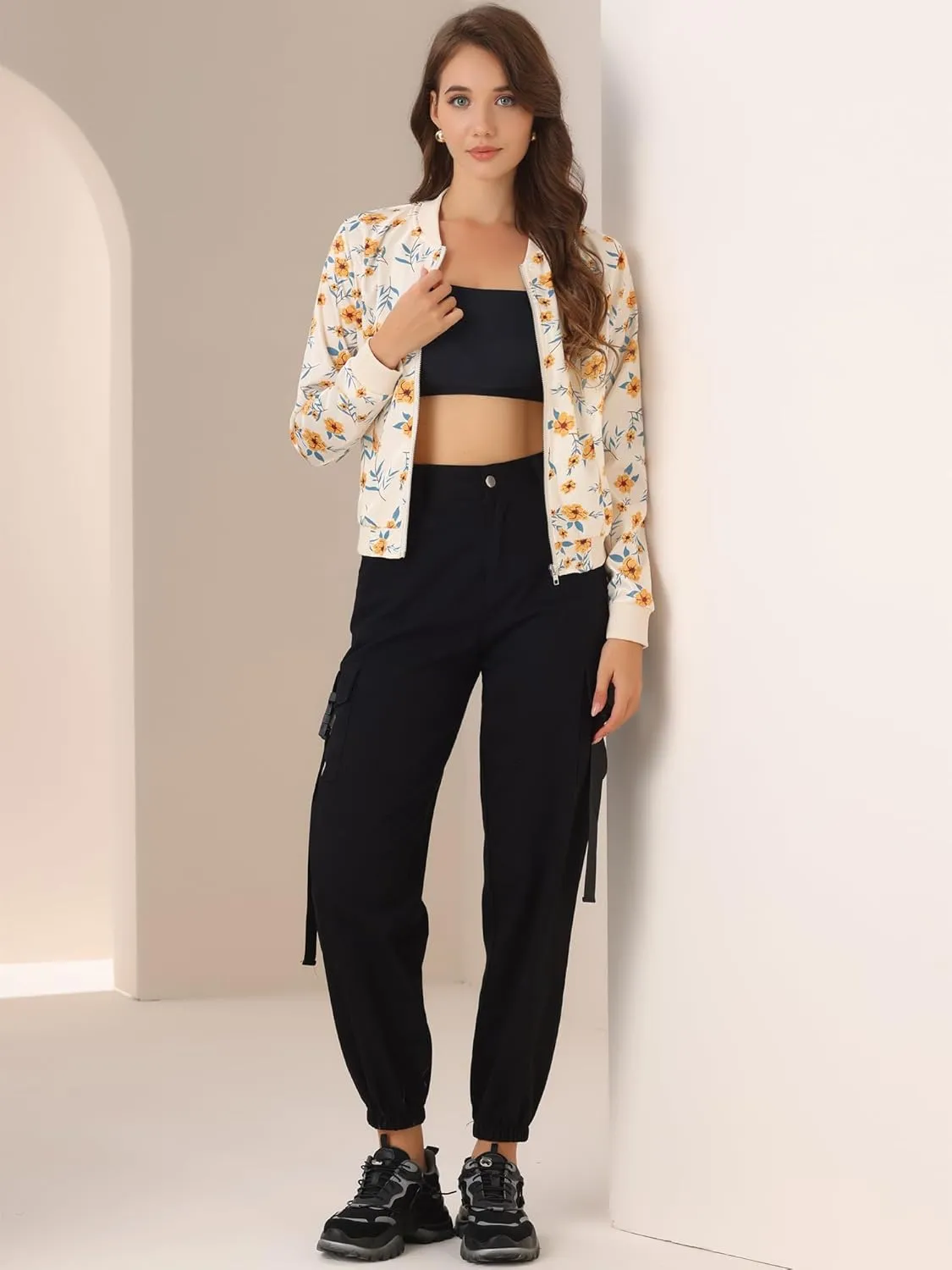 Allegra K Women's Winter Bomber Jacket Long Sleeve Stand Collar Zipper Floral Print Jacket with Pockets