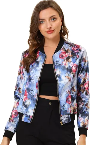 Allegra K Women's Winter Bomber Jacket Long Sleeve Stand Collar Zipper Floral Print Jacket with Pockets