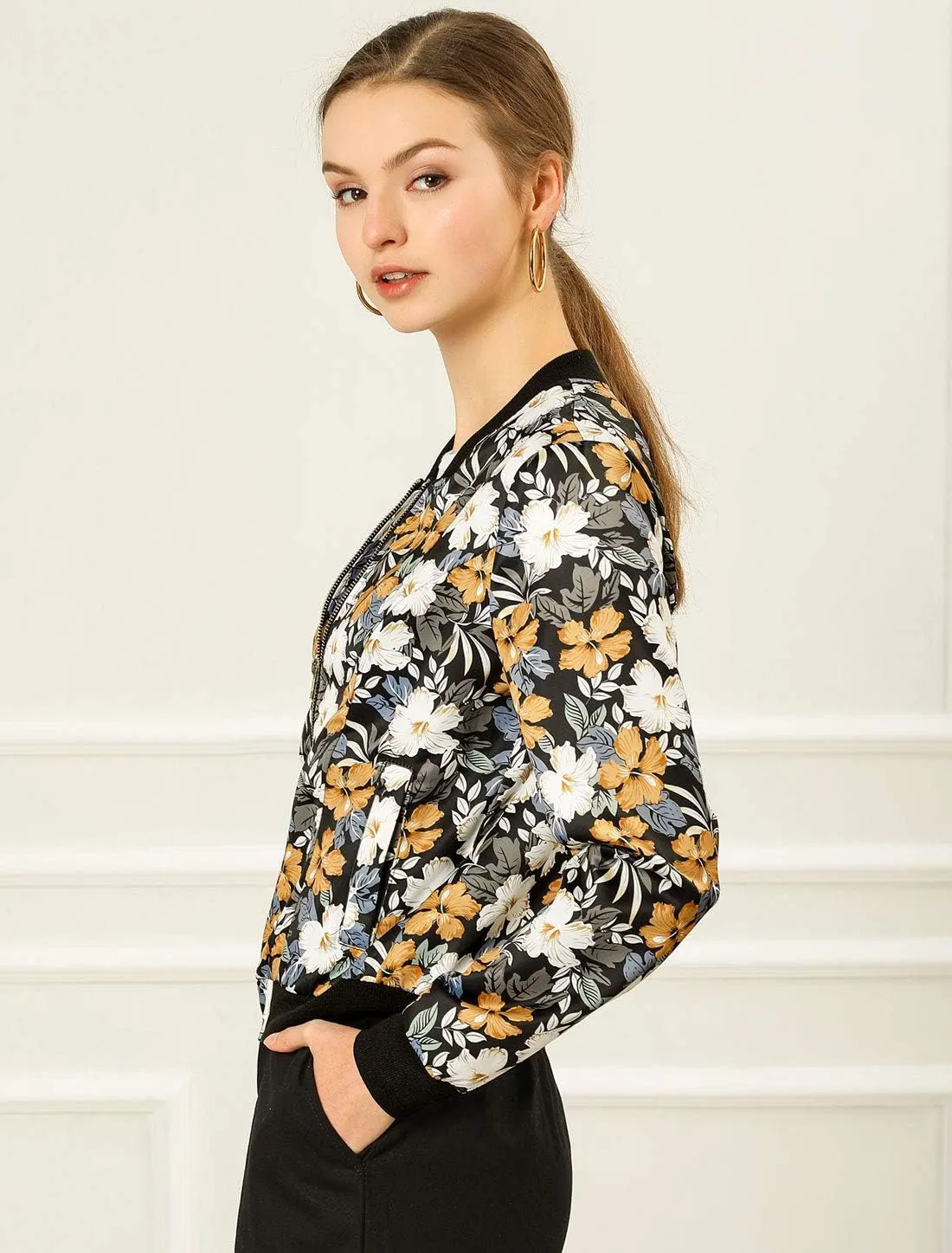 Allegra K Women's Winter Bomber Jacket Long Sleeve Stand Collar Zipper Floral Print Jacket with Pockets