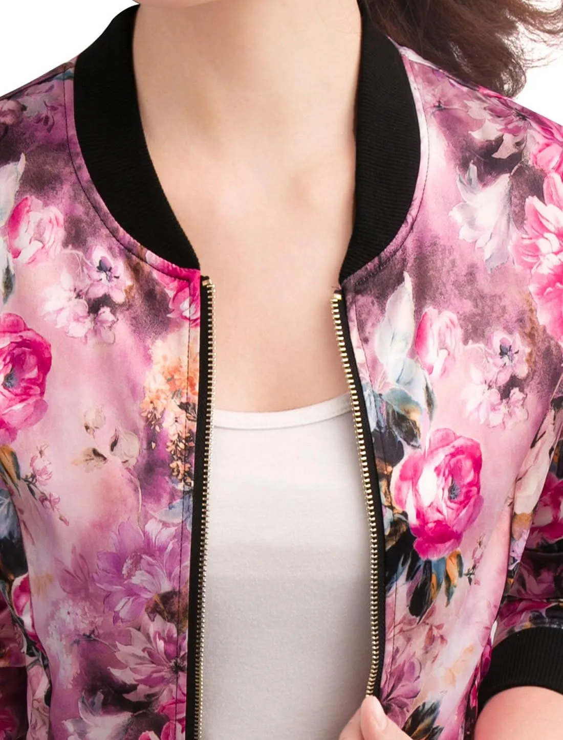 Allegra K Women's Winter Bomber Jacket Long Sleeve Stand Collar Zipper Floral Print Jacket with Pockets