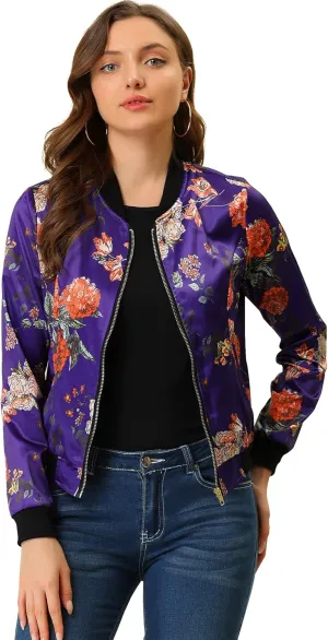 Allegra K Women's Winter Bomber Jacket Long Sleeve Stand Collar Zipper Floral Print Jacket with Pockets