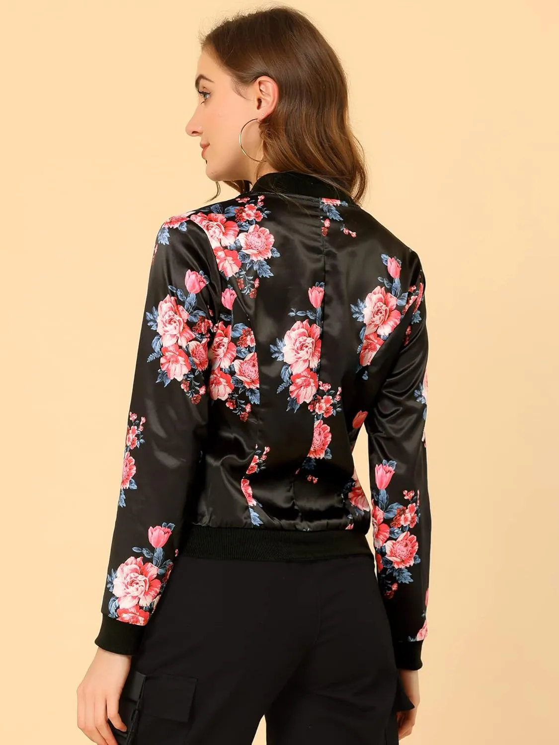 Allegra K Women's Winter Bomber Jacket Long Sleeve Stand Collar Zipper Floral Print Jacket with Pockets