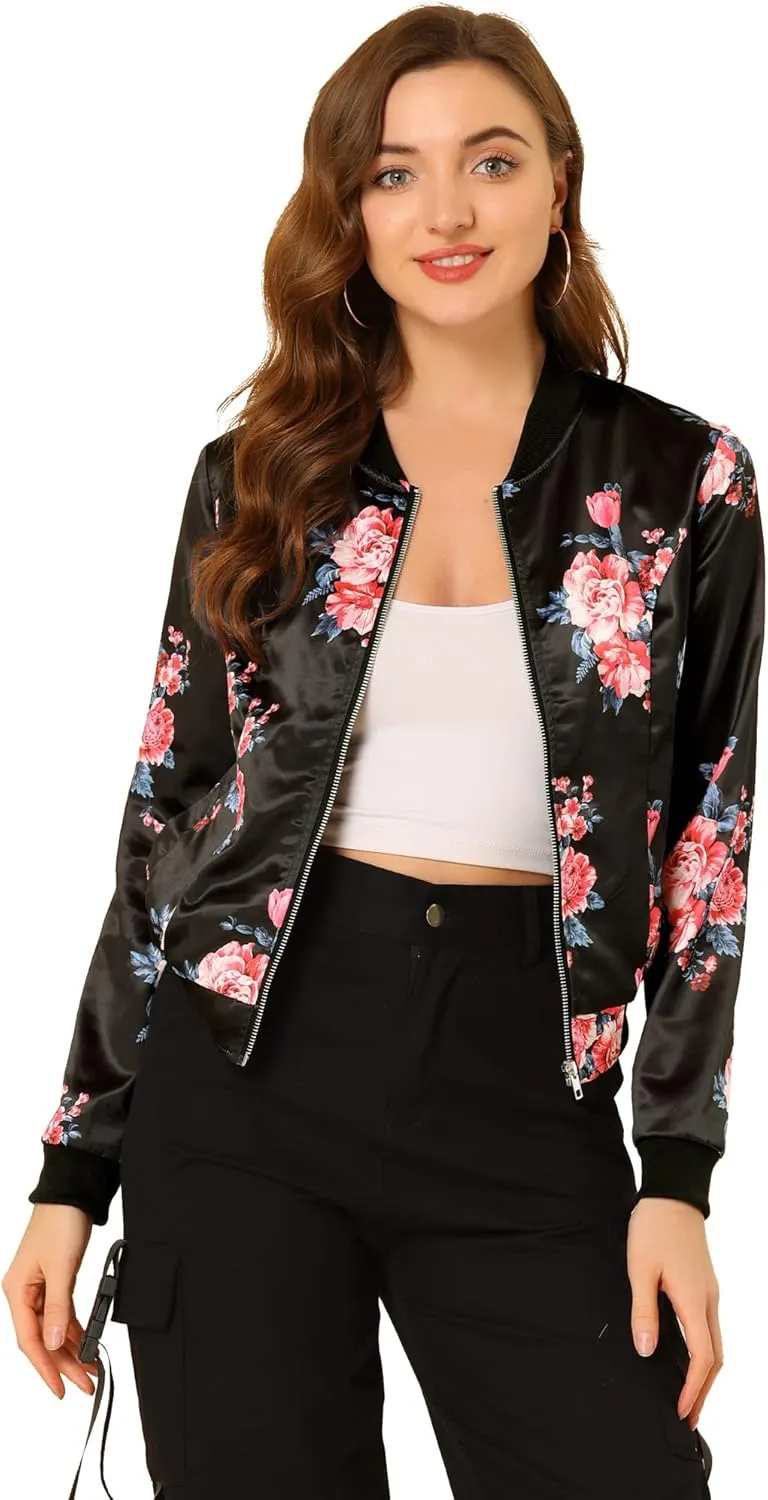 Allegra K Women's Winter Bomber Jacket Long Sleeve Stand Collar Zipper Floral Print Jacket with Pockets