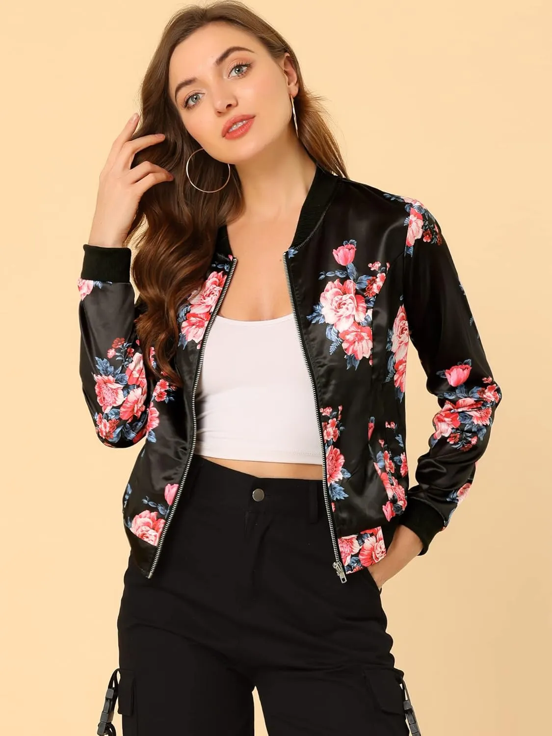 Allegra K Women's Winter Bomber Jacket Long Sleeve Stand Collar Zipper Floral Print Jacket with Pockets