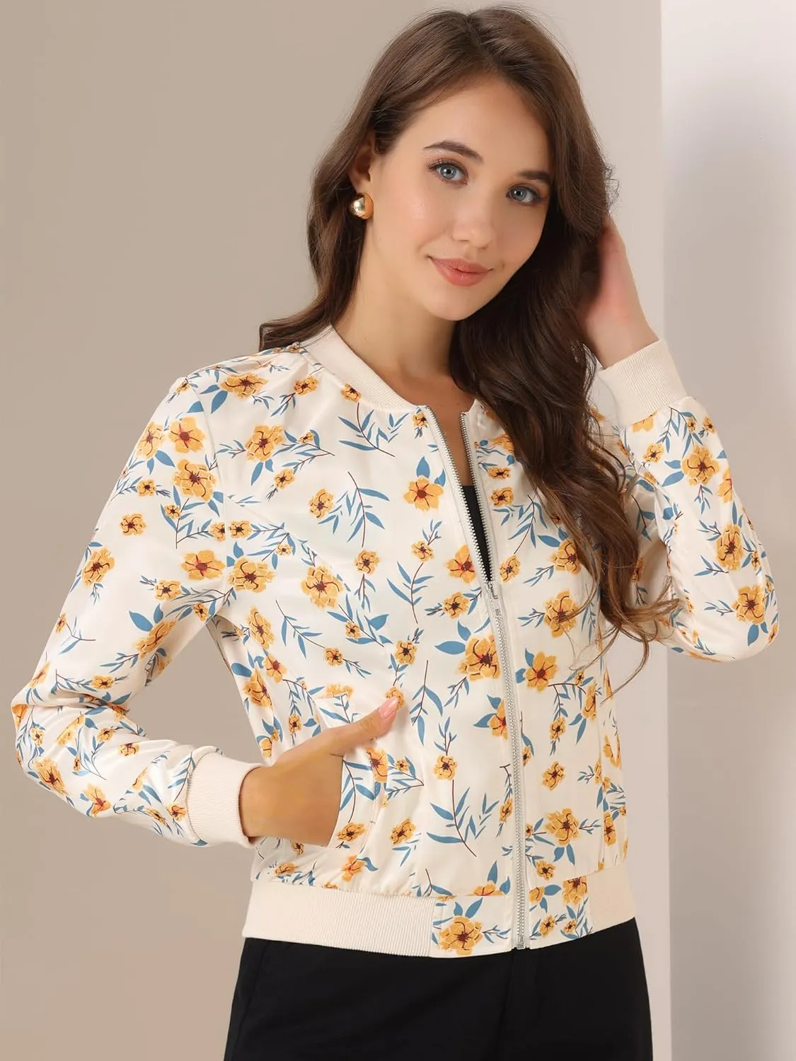 Allegra K Women's Winter Bomber Jacket Long Sleeve Stand Collar Zipper Floral Print Jacket with Pockets
