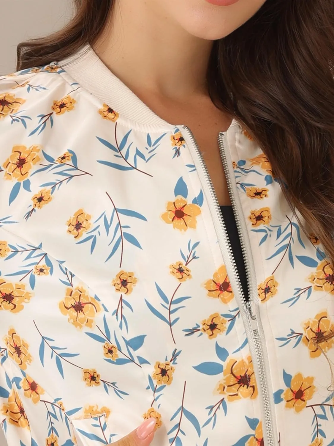 Allegra K Women's Winter Bomber Jacket Long Sleeve Stand Collar Zipper Floral Print Jacket with Pockets