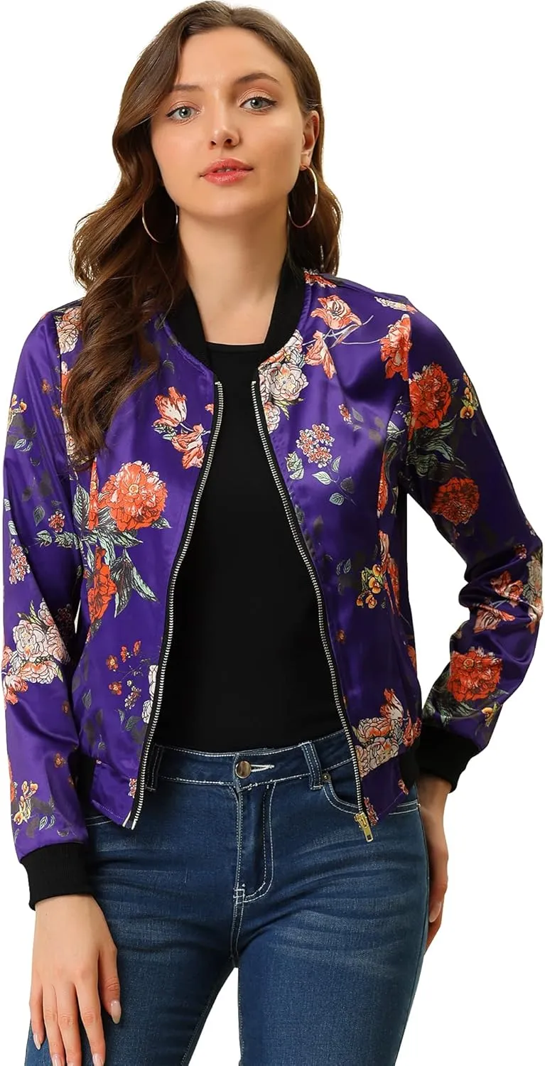Allegra K Women's Winter Bomber Jacket Long Sleeve Stand Collar Zipper Floral Print Jacket with Pockets