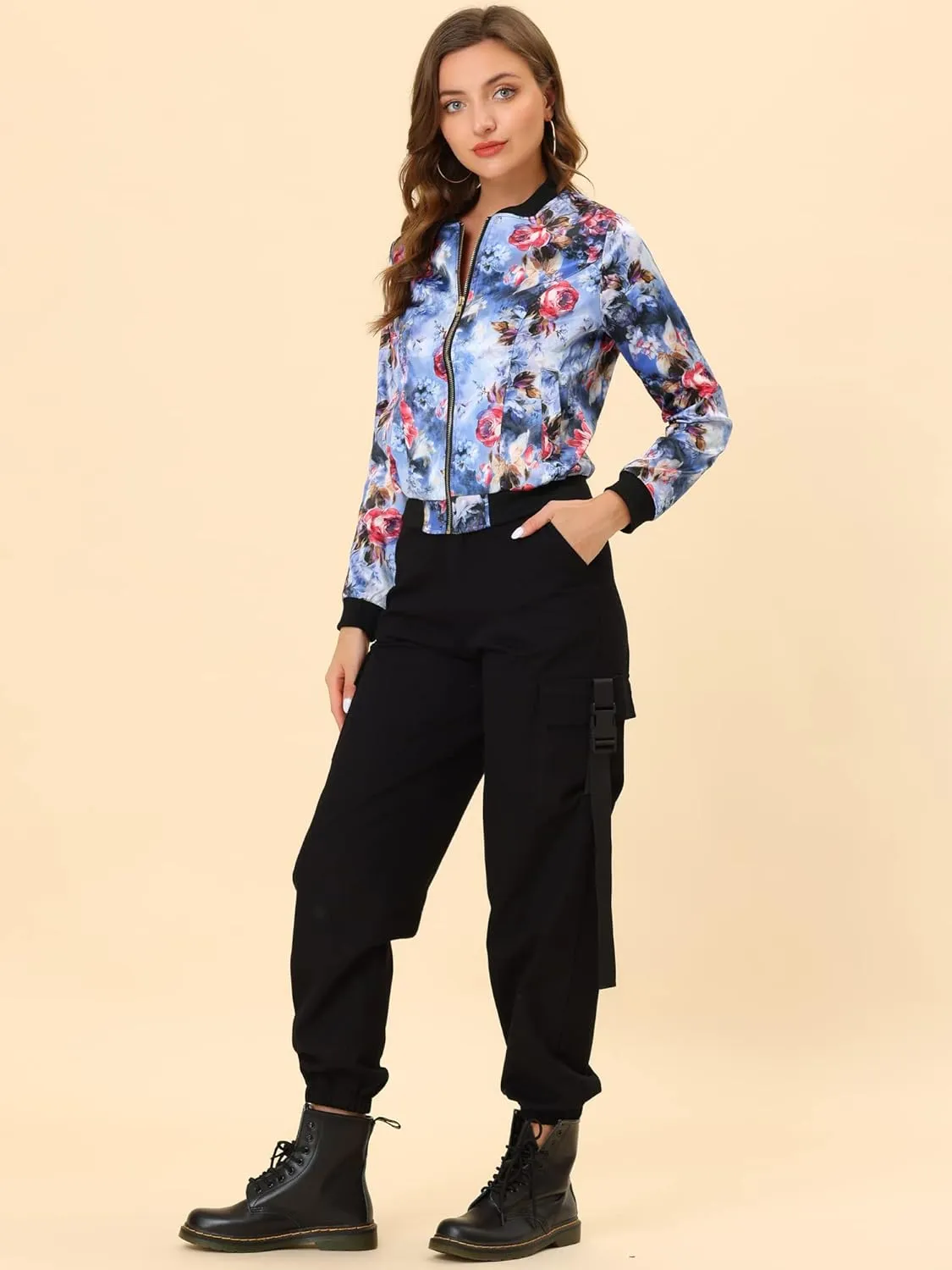 Allegra K Women's Winter Bomber Jacket Long Sleeve Stand Collar Zipper Floral Print Jacket with Pockets
