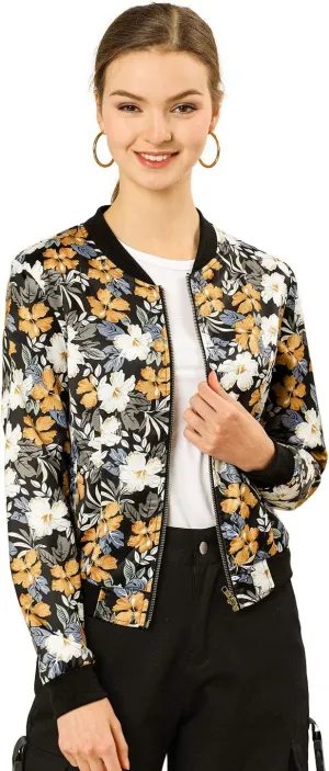 Allegra K Women's Winter Bomber Jacket Long Sleeve Stand Collar Zipper Floral Print Jacket with Pockets