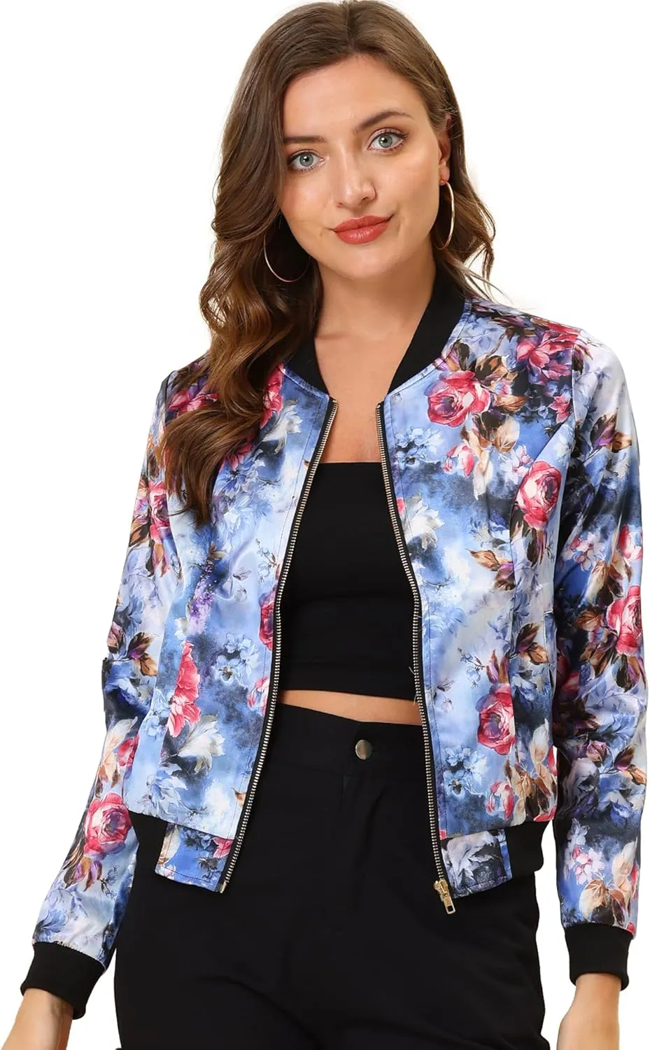 Allegra K Women's Winter Bomber Jacket Long Sleeve Stand Collar Zipper Floral Print Jacket with Pockets