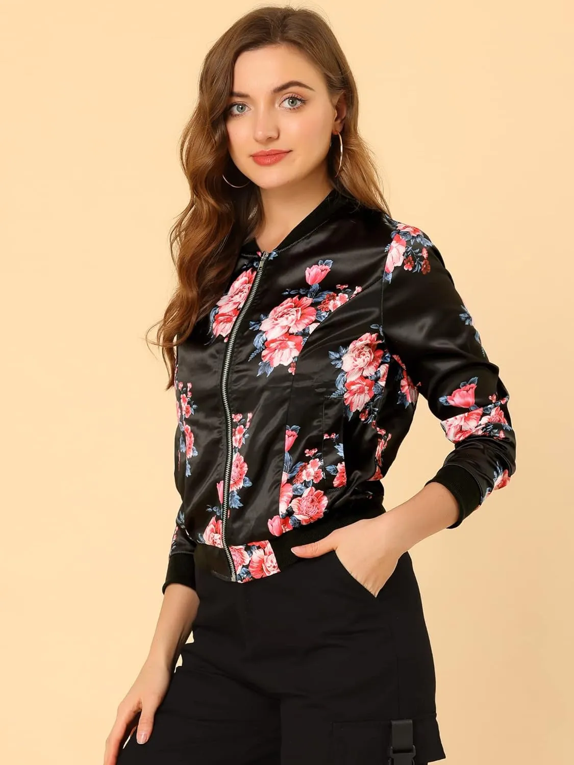 Allegra K Women's Winter Bomber Jacket Long Sleeve Stand Collar Zipper Floral Print Jacket with Pockets