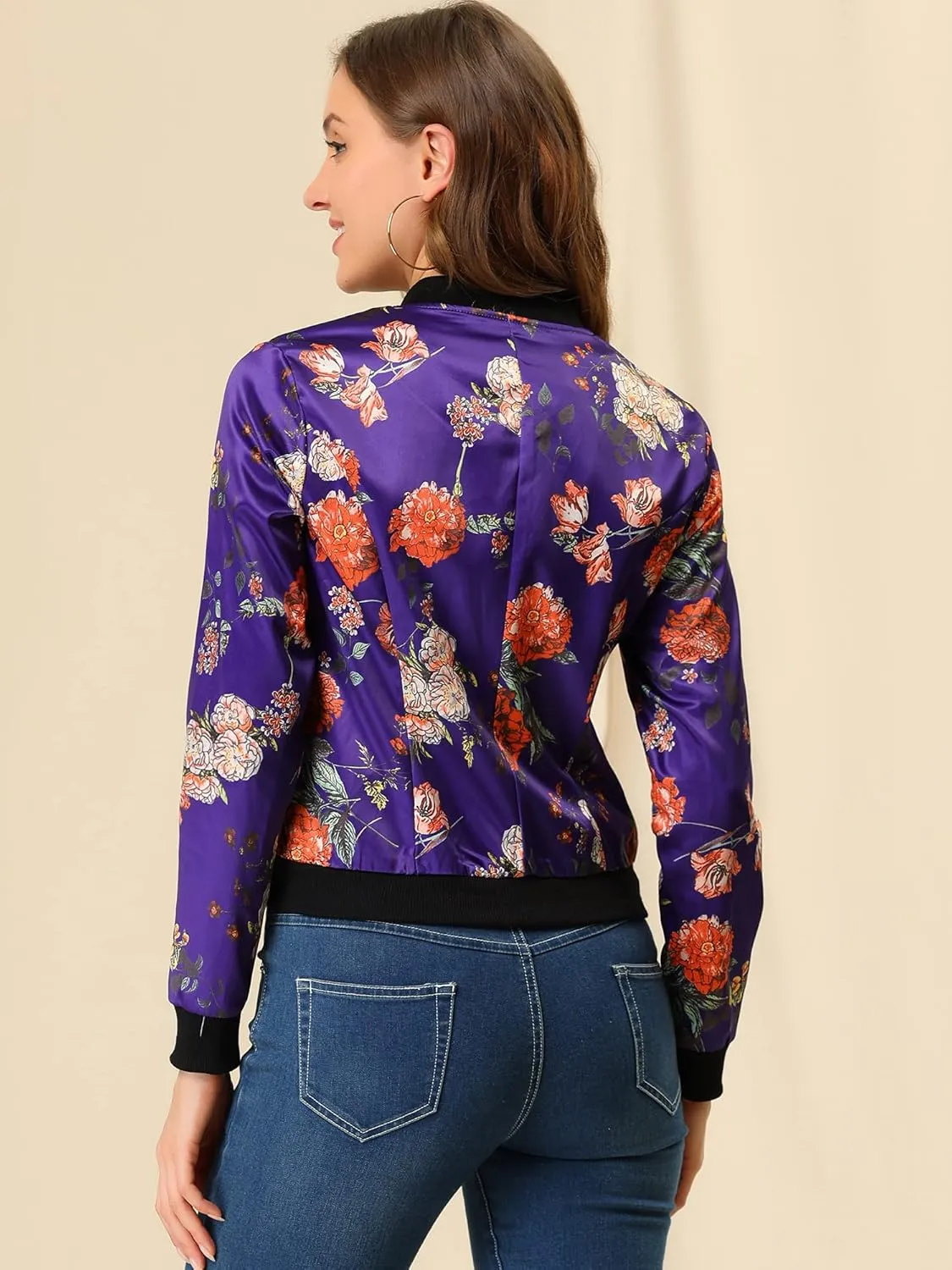 Allegra K Women's Winter Bomber Jacket Long Sleeve Stand Collar Zipper Floral Print Jacket with Pockets