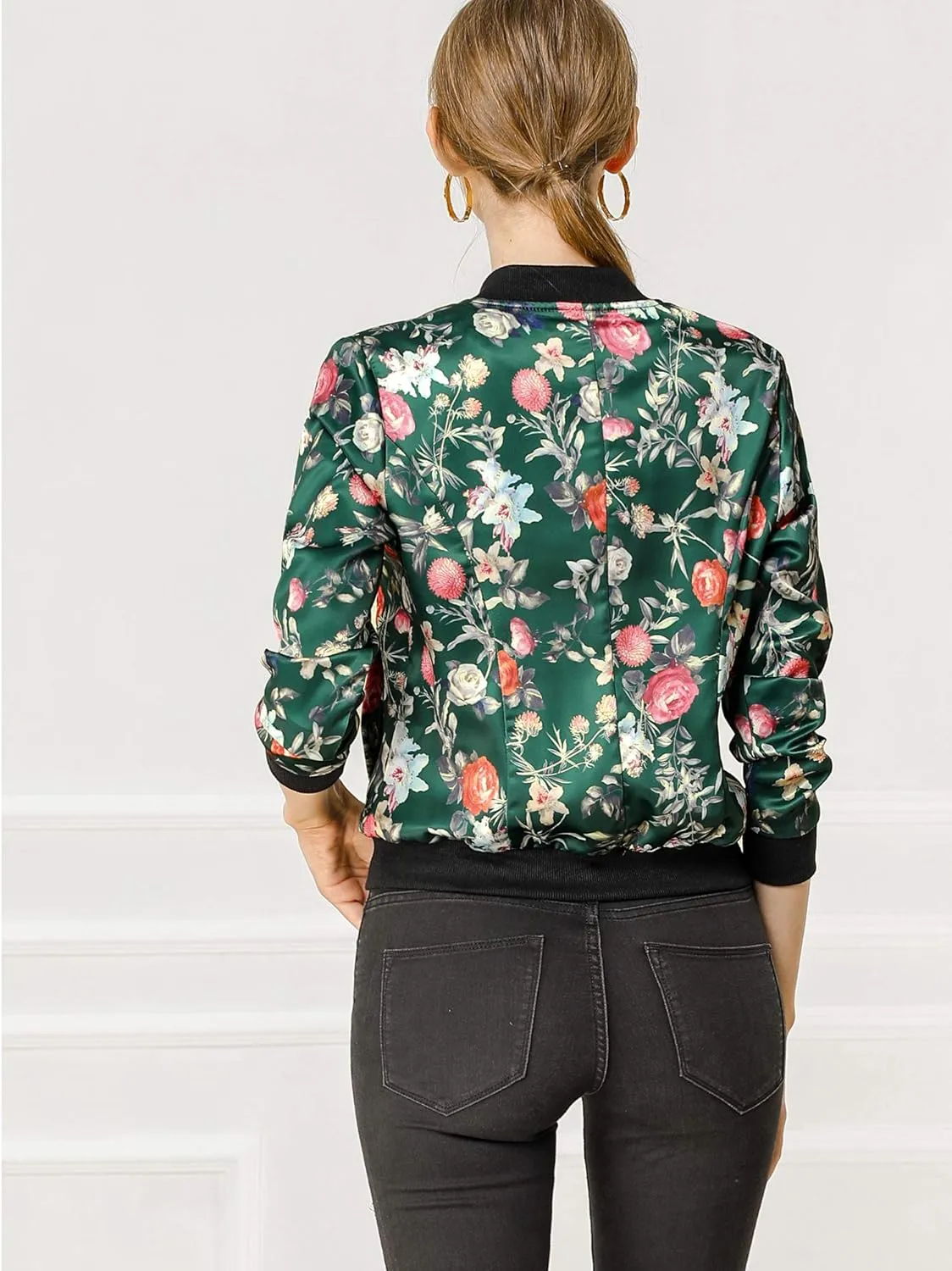 Allegra K Women's Winter Bomber Jacket Long Sleeve Stand Collar Zipper Floral Print Jacket with Pockets