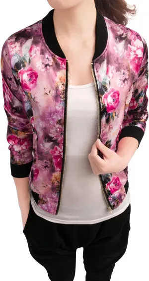 Allegra K Women's Winter Bomber Jacket Long Sleeve Stand Collar Zipper Floral Print Jacket with Pockets