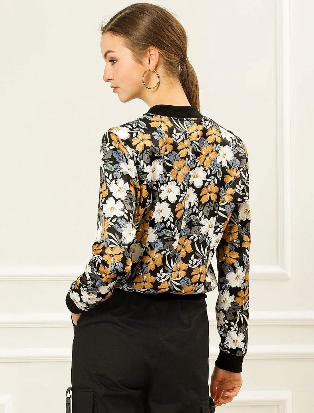 Allegra K Women's Winter Bomber Jacket Long Sleeve Stand Collar Zipper Floral Print Jacket with Pockets