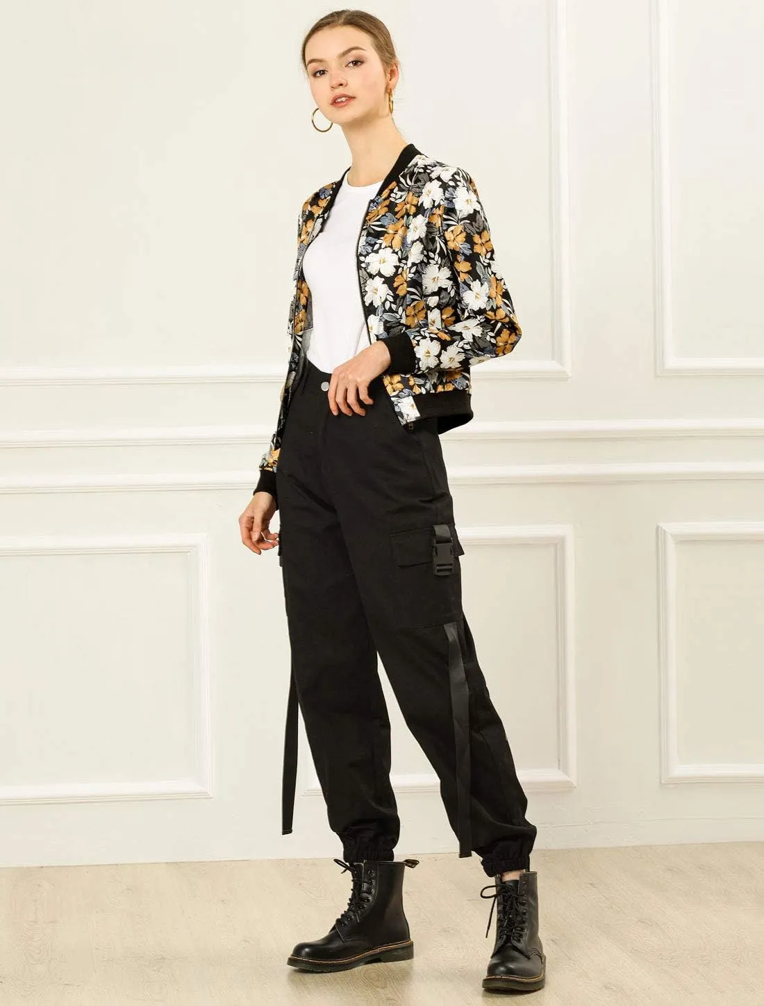 Allegra K Women's Winter Bomber Jacket Long Sleeve Stand Collar Zipper Floral Print Jacket with Pockets