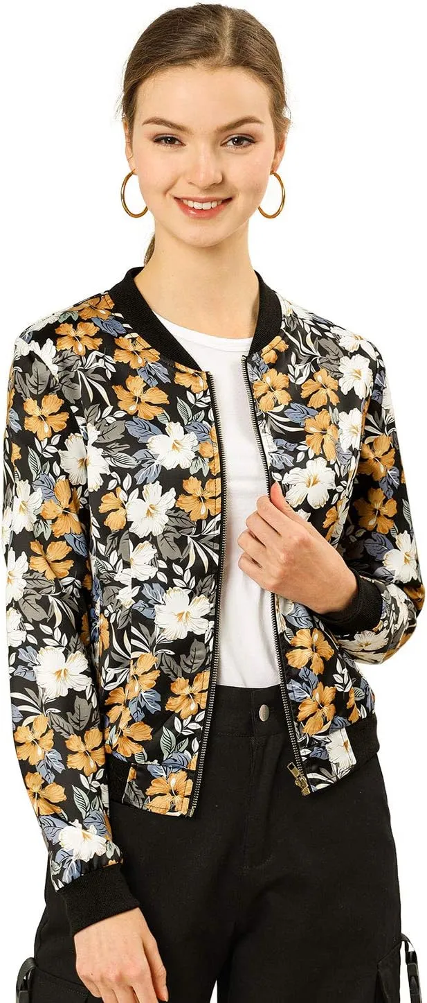 Allegra K Women's Winter Bomber Jacket Long Sleeve Stand Collar Zipper Floral Print Jacket with Pockets