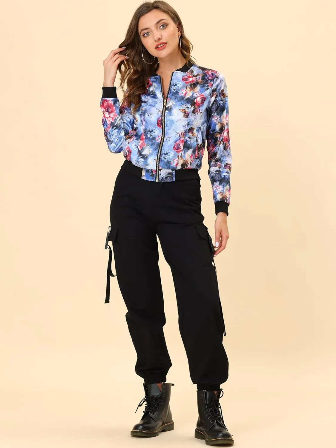 Allegra K Women's Winter Bomber Jacket Long Sleeve Stand Collar Zipper Floral Print Jacket with Pockets