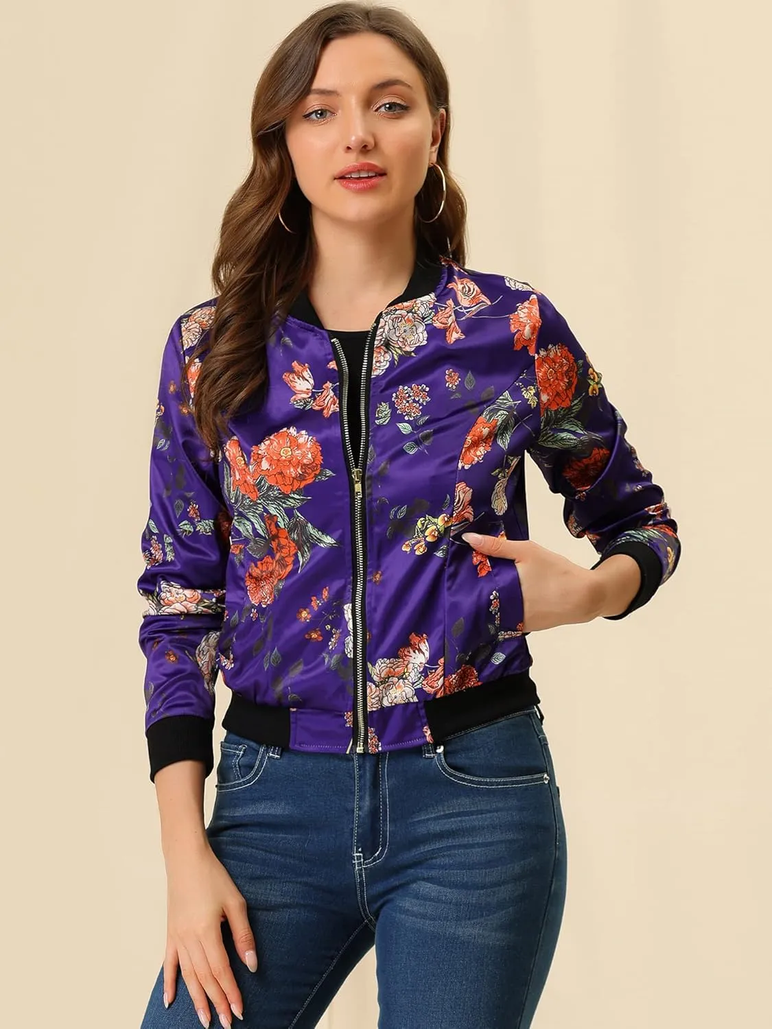 Allegra K Women's Winter Bomber Jacket Long Sleeve Stand Collar Zipper Floral Print Jacket with Pockets