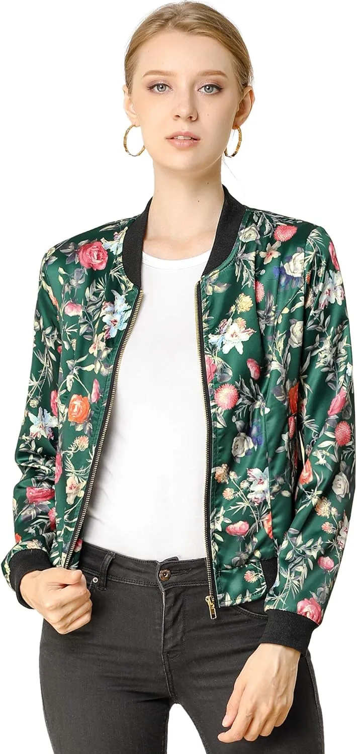 Allegra K Women's Winter Bomber Jacket Long Sleeve Stand Collar Zipper Floral Print Jacket with Pockets