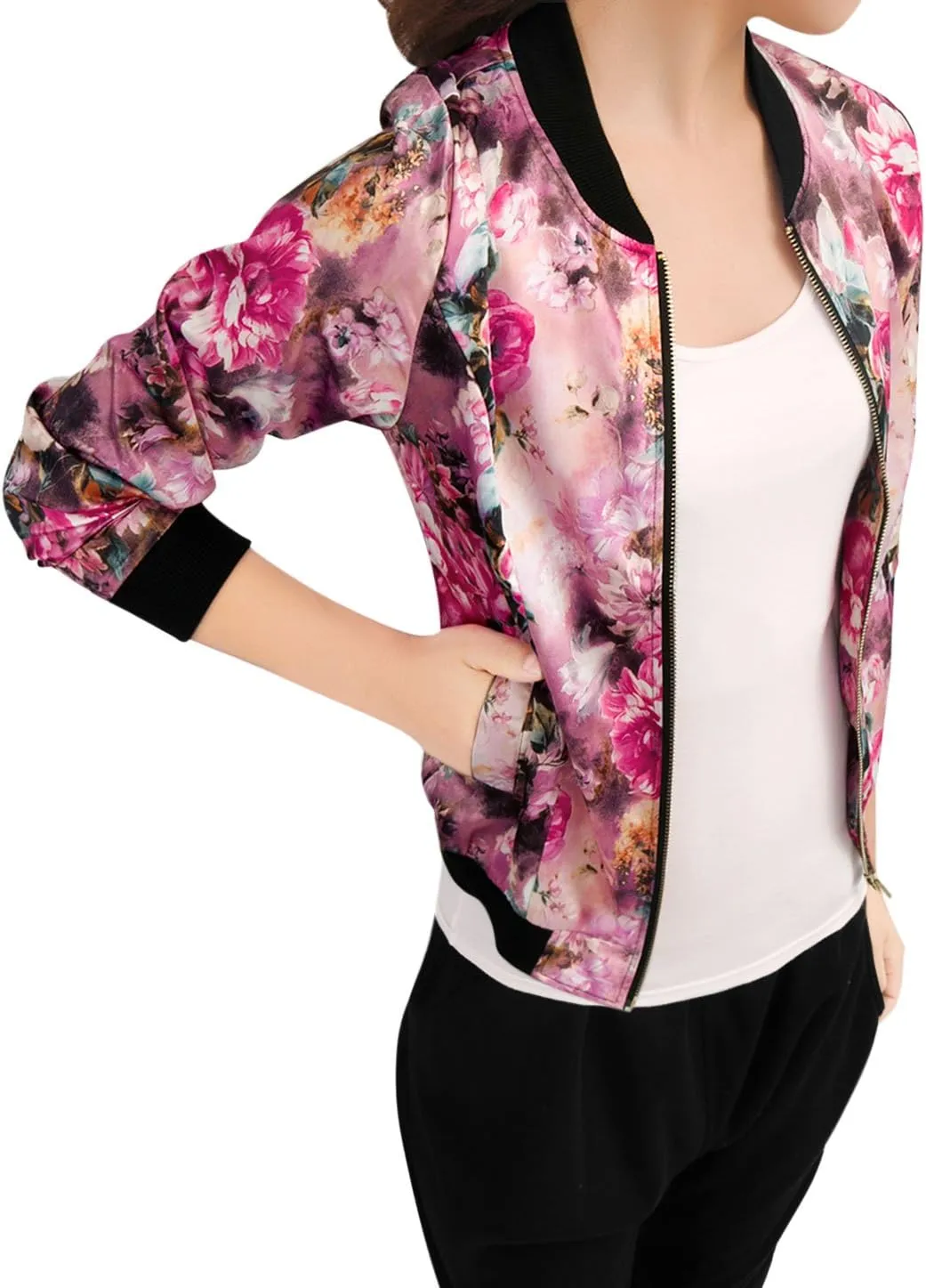 Allegra K Women's Winter Bomber Jacket Long Sleeve Stand Collar Zipper Floral Print Jacket with Pockets