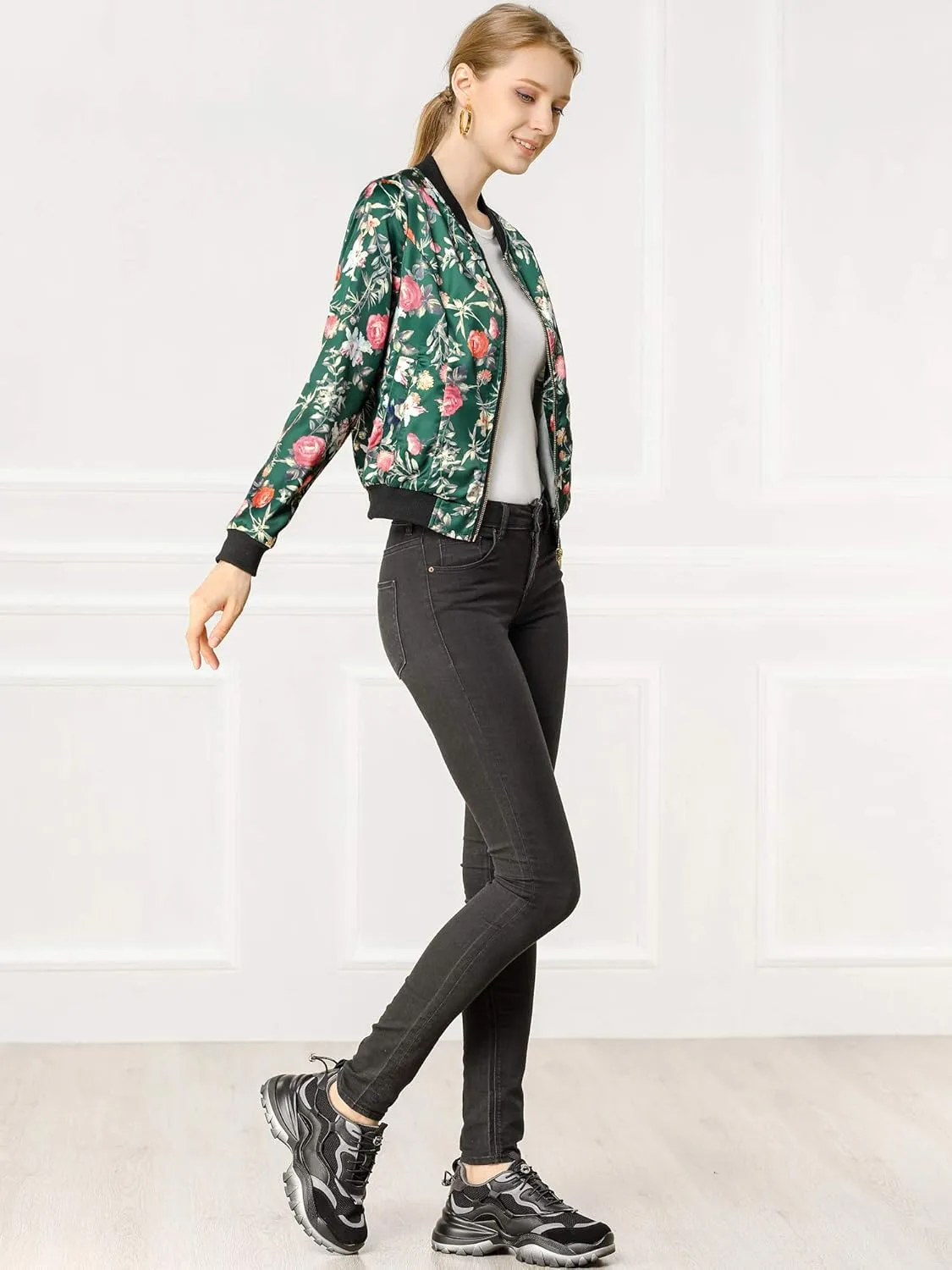 Allegra K Women's Winter Bomber Jacket Long Sleeve Stand Collar Zipper Floral Print Jacket with Pockets