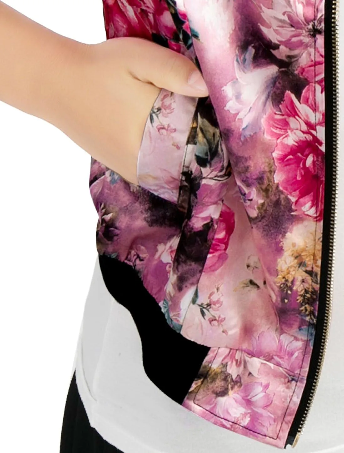 Allegra K Women's Winter Bomber Jacket Long Sleeve Stand Collar Zipper Floral Print Jacket with Pockets
