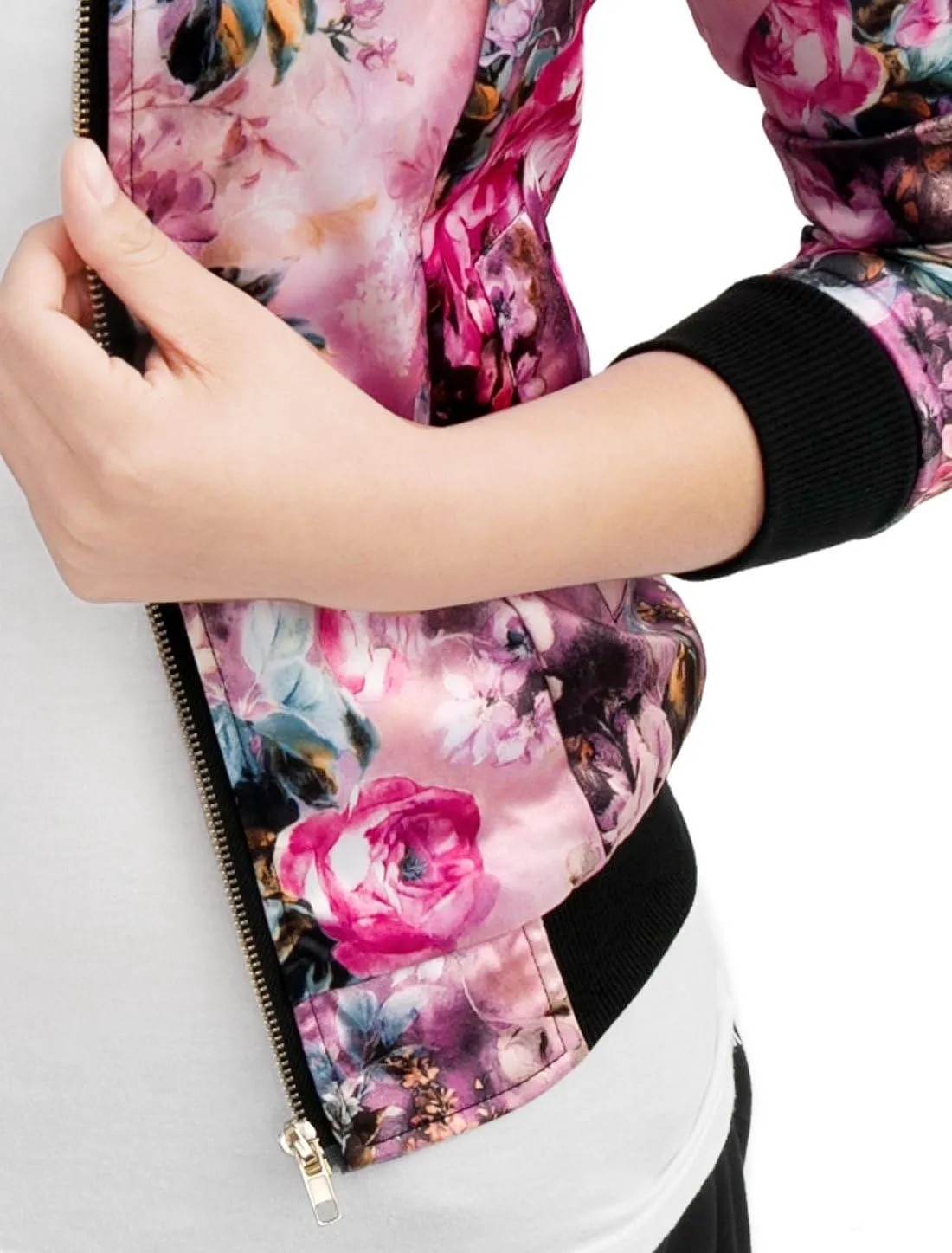 Allegra K Women's Winter Bomber Jacket Long Sleeve Stand Collar Zipper Floral Print Jacket with Pockets