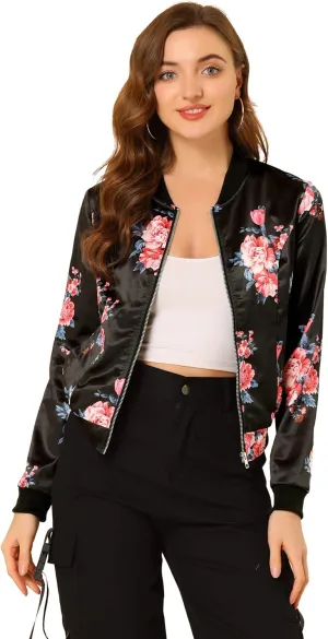 Allegra K Women's Winter Bomber Jacket Long Sleeve Stand Collar Zipper Floral Print Jacket with Pockets